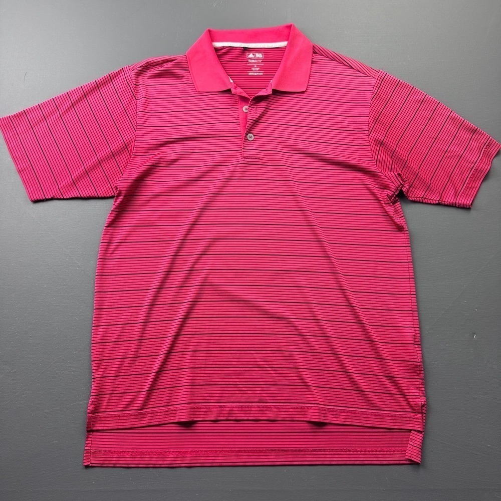 Adidas Men's Medium Red Climalite Golf Polo Striped Performance Short Sleeve Top